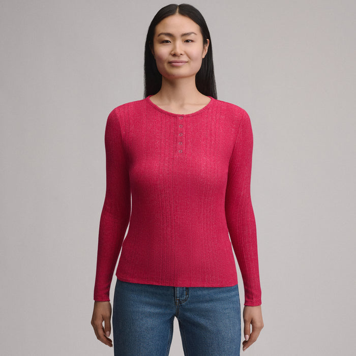 Women's Long-Sleeve Ring Snap Brushed Henley-Dark Pink-9