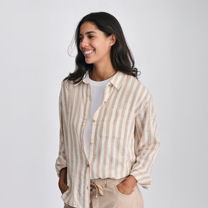 Women's Woven Stripe Cotton LS Slub-Natural-3