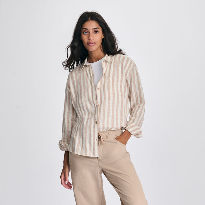 Women's Woven Stripe Cotton LS Slub-Natural-4