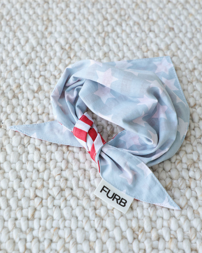 American flag dog bandana detail shot showing cotton texture and stitching patriotic pet wear