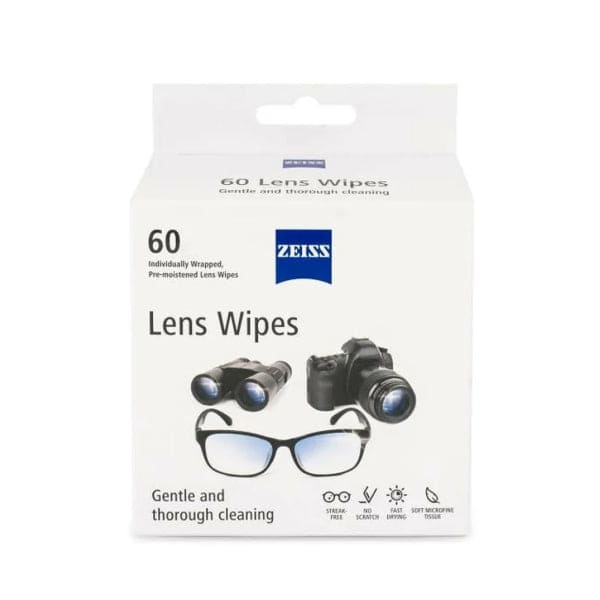 Lucyd Zeiss Lens Wipes, 60pk, come as individually wrapped, pre-moistened wipes with packaging featuring binoculars, a camera, and eyeglasses—ideal for gentle and thorough lens cleaning.